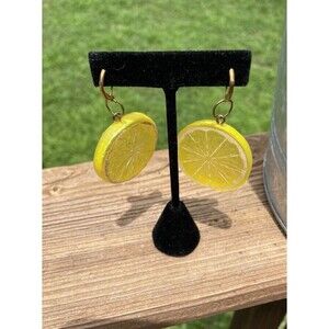 Vintage Round Lemon Slice and Gold Tone Dangle Drop Pierced Earrings